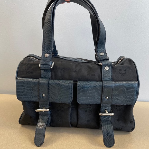 MCM Navy Leather and Black Canvas Boston Handbag w/ Silver Hardware - Preloved - Picture 1 of 15